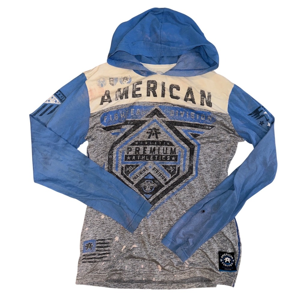 American Fighter Mens Hooded Long Sleeve Shirt Blue Gray Graphic Buckle Small